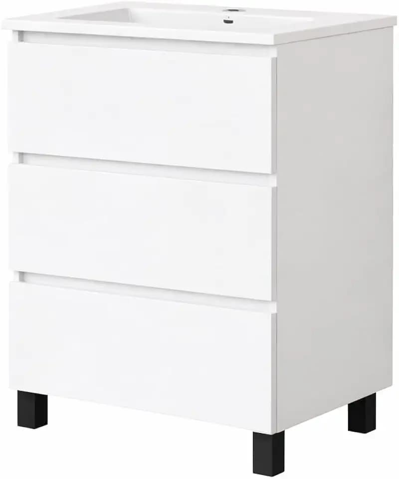 Baikal Ren Badezimmermöbel, montiert, 3 Schubladen mit schwarzen Beinen, Badezimmerschrank, Keramikwaschbecken, Dämpfungsverschluss, Höhe 75 cm, 60 cm, Weiß