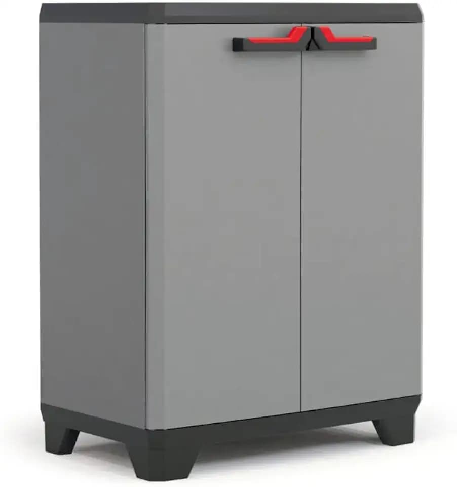 Keter Stilo Kunststoffschrank Niedrig Dunkelgrau/Schwarz/Rot - Robuste Aufbewahrungslösung, 68x39x90cm, mit Verstellbaren Einlegeböden