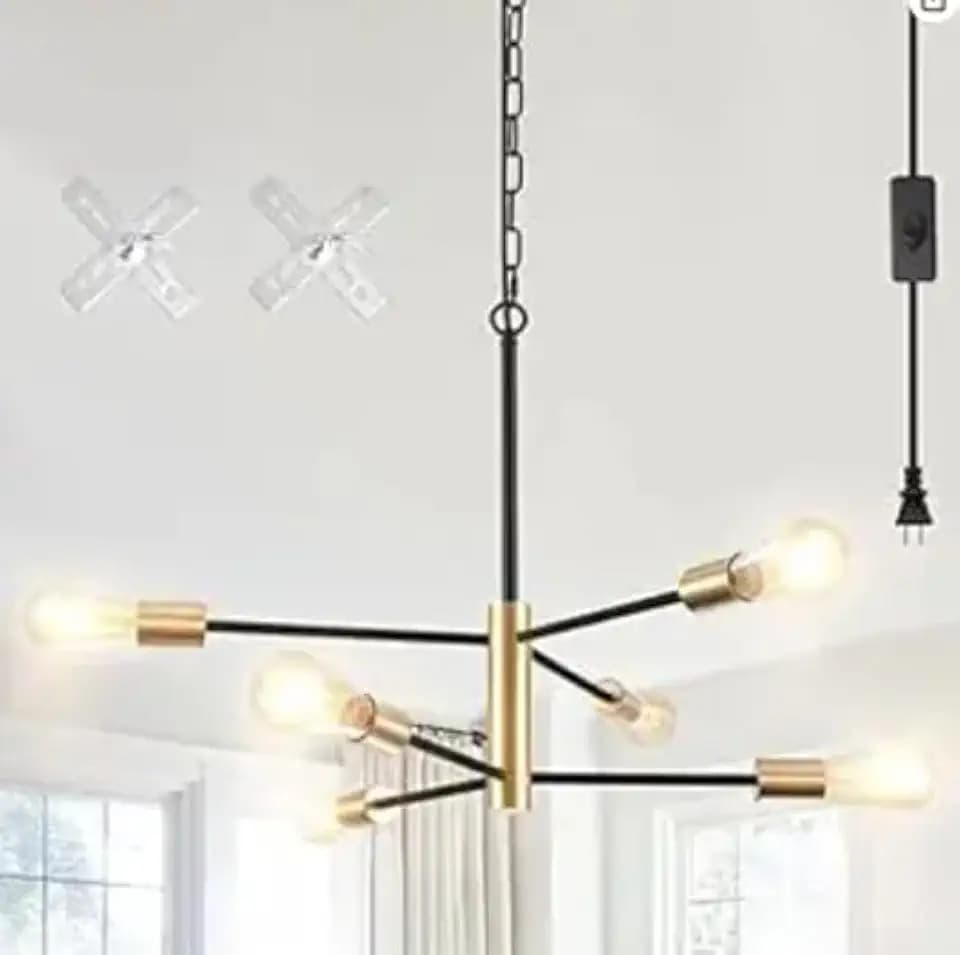 Plug in Chandelier Lighting with Long Cord, Outdoor Chandelier, 6 Lights Modern Hanging Lights with Plug in Cord 15.09ft&On/Off Switch, Hanging Lamp Plug in Pendant Light Fixture for Kitchen