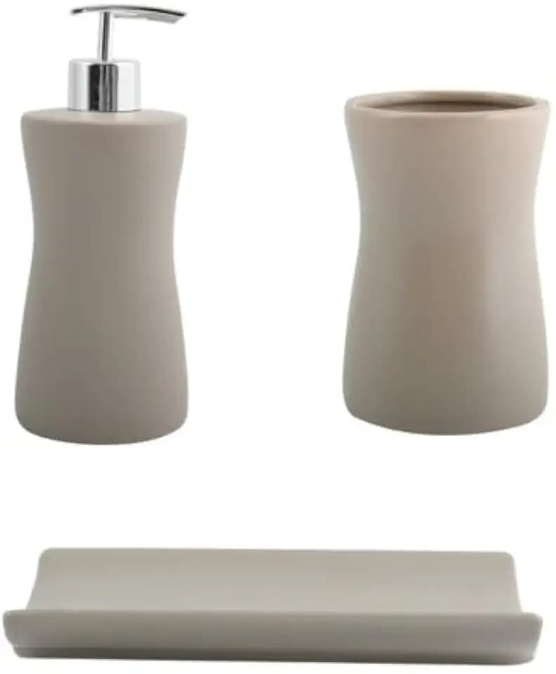 MSV Bad Accessoires Keramik 3-teilig - Seifenspender, Seifenschale, Zahnputzbecher Palma Taupe