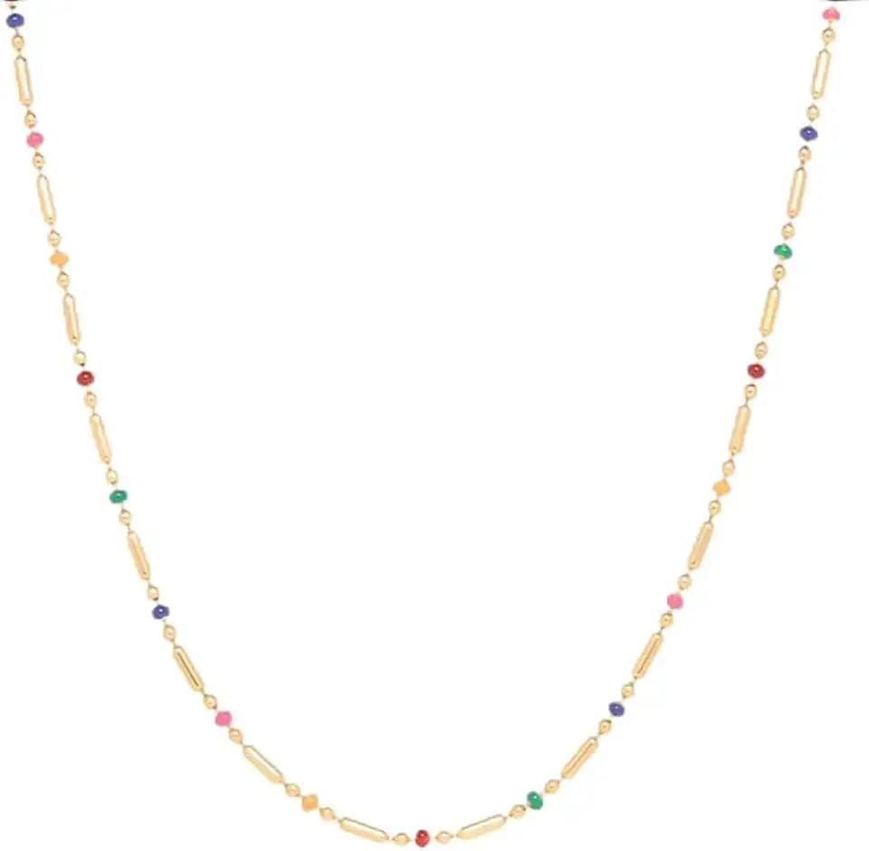18K Delicate Yellow Gold Plated Chain Necklace with Colorful Enamel Beads, 18K Gold Plated over Stainless Steel Dainty Bar Link Design, Fashion Jewelry for Women, Tarnish Resistant, 16.5-Inch Length with a 2-Inch Extension