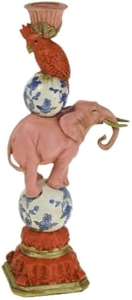 Design Kerzenhalter Vogel auf Elefant Pink-Blau-Weiß – Statement Kerzenleuchter, Deko, handbemalt, 30,5x13x9 cm (H/B/T)