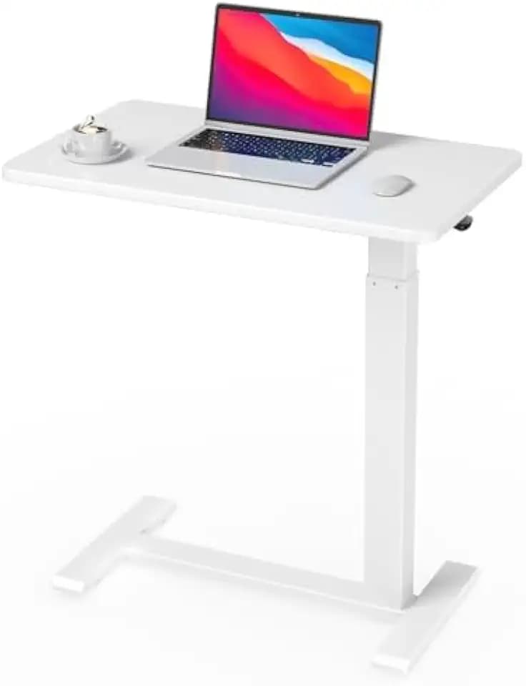 Ywin Hospital Bedside Table with Wheels, Pneumatic Lift, White