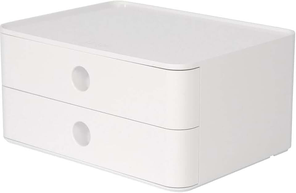 HAN Schubladenbox Allison SMART-BOX mit 2 Schubladen und Trennwand, Kabelführung, stapelbar, Utensilienbox für Büro, Schreibtisch Küche, möbelschonende Gummifüße, 1120-12, hochglänzend, snow white