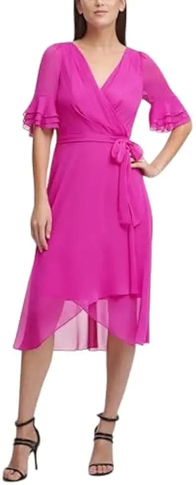 DKNY Women's Ruffle Sleeve Surplice Tie Fit & Flare Midi Dress
