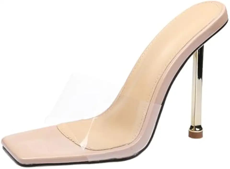 Women's Transparent Strap Stilettos Sexy Slides Sandals Fashion Clear Square Open Toe Comfortable Slingback Slip-On High Heels Prom Party Dress Mules Sandals