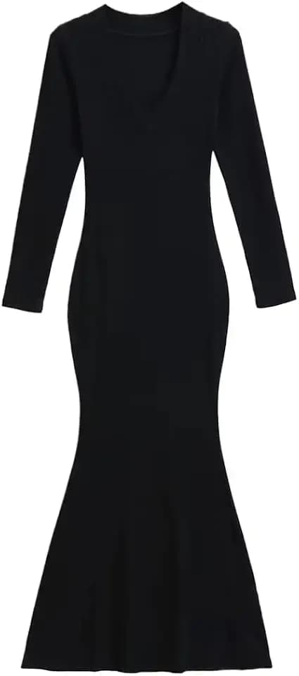 Women Long Sleeve V Neck Elastic Slim Mermaid Dress 6 Color Options Trumpet Long Dresses