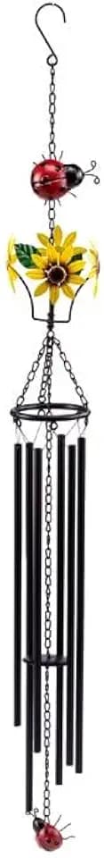 Napco Sunflower and Ladybug Metal Wind Chime – 44 Inch Hanging Garden Decoration with Bright Yellow Flower and Red Ladybug Accents – Charming Outdoor Décor for Patio, Porch, or Yard