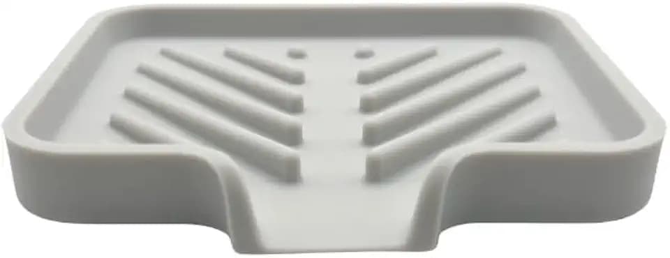 Silicone Soap Dish Tray and Sponge Holder with Drain Chute and Feet | 3-Way Sloped Design | Bathroom and Kitchen Sink Organizer Caddy (Light Grey, 5"x4", 3.5 Ounces)