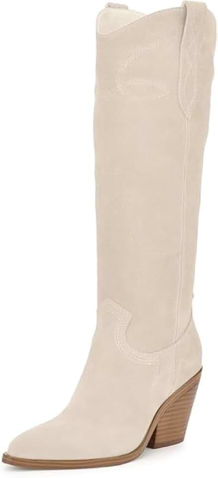 Mattiventon Cowgirl Boots for Women Knee High Cowboy Western Boots Pointed Toe and Block Heel Suede Long Boot with Embroidered Side Zipper 2025
