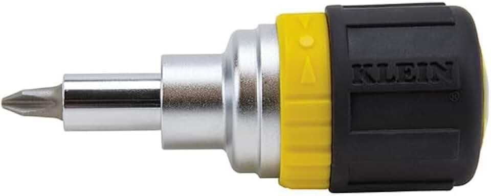 Klein Tools 32593 Multi-bit Ratcheting Screwdriver, 6-in-1 Stubby Tool with Phillips and Slotted Bits and 2 Nut Driver Sizes