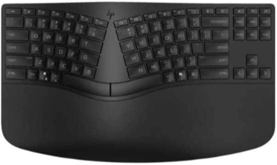 HP 960 Ergonomische kabellose Tastatur (unabhängige Zifferntastatur, Handstütze, schnelle Synchronisierung, automatische Erkennung Betriebssystem, Negative Neigung, spanische QWERTY-Tastatur) Schwarz