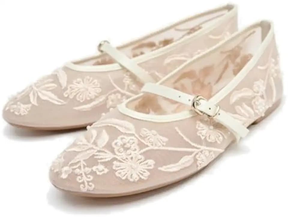 Mesh Ballet Flats for Women Embroidered Floral Mary Jane Flats Round Toe Slip On Ballerina Shoes Comfortable Casual Daily Dress Flat Shoes