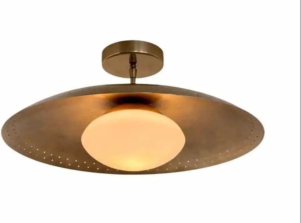 Mid Century Modern Semi Flush Mount Ceiling Light Vintage Ceiling Lamp with Frosted Glass Shade Farmhouse Hallway Ceiling Light for Kitchen Balcony Bathroom Porch Staircase (Raw Brass)