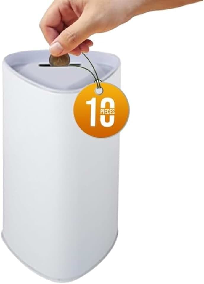 Tall High Metal Tin Charity Donation Box Tip Container Coin Collection Box Ticket Box Triangle Shaped 10" H x 3" Diameter with Slot on Removable Cover(10 Pack) White