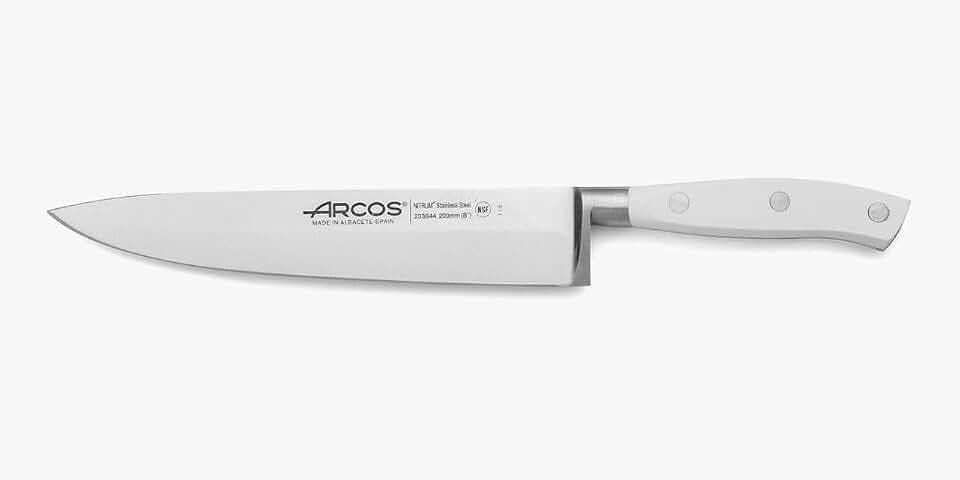 Arcos Chefmesser Geschmiedet aus Edelstahl 20 cm - Ergonomischer Griff aus Polyoxymethylen, Ideal für Schneiden und Schälen von Lebensmitteln - Weiß, Serie Riviera
