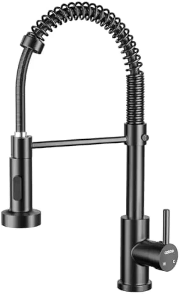 Cobbe Wasserhahn Küche, Spring Küchenarmatur mit Pull Down Sprüher Brause, 2 Sprühfunktionen, 360° Drehbar Hochdruck Mischbatterie Armatur Küche, Schwarz
