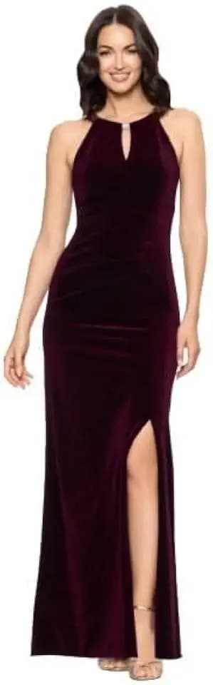 Betsy & Adam Women's Velvet Halter Gown with Keyhole Neckline and Side Slit