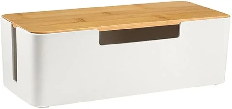 Cable Management Box, Cord Organizer Box with Bamboo Lid, White