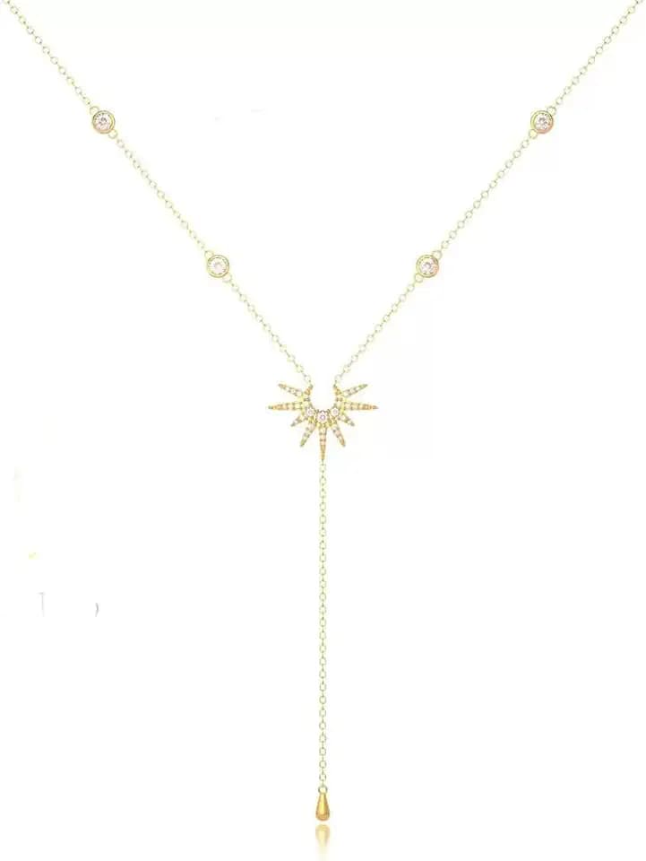 GulCean Gold Lariat Long Necklace For Women 14k Gold Plated Trendy Layered Dainty Simple Cz Beaded Chain Y-Shaped Sun Moon Drop Pendant Necklace Statement Prom Jewelry For Woman Gift