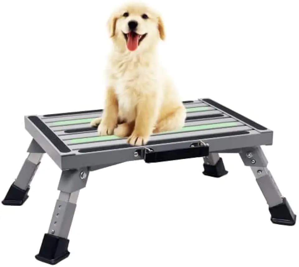Iron RV Step Stool, 4-Level Adjustable Folding Platform, Gray