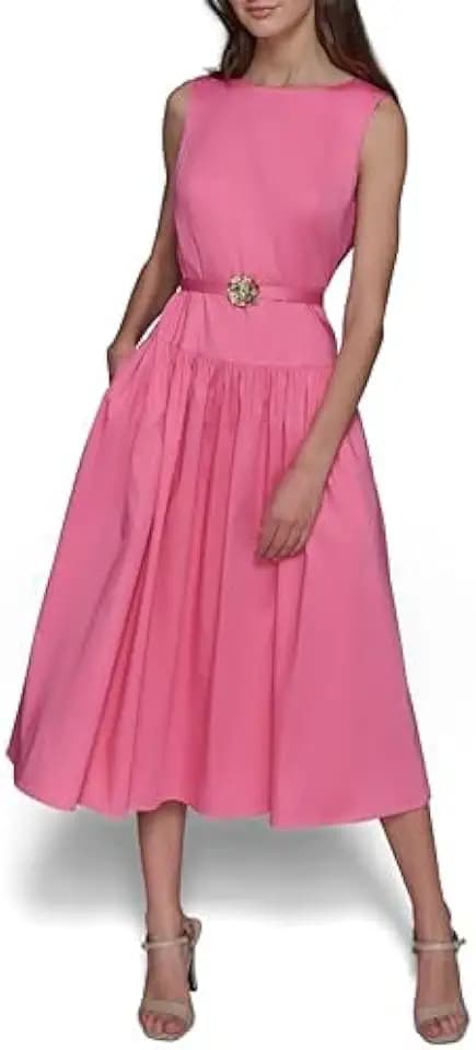 Karl Lagerfeld Women's Sleeveless Boat Neck Drop Waist Belted Midi Dress