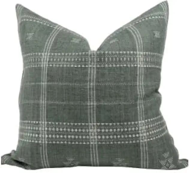 Pillow Cover Linen Lightweight 22 x 22 in Double Sided Block Print with Zipper Easy Removal Home Decor Shabby Chic Farmhouse Neurtral Decorative Sofa Couch Accent (Plaid Green Grey)