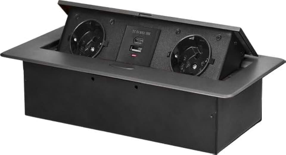 Schreibtischsteckdose mit USB A und 1x USB C Pop Up Steckdosenleiste mit 2 Steckdosen - Unterputz Verteilerstecker Edelstahl Finish - Steckerblock ohne Kabel - Schwarz