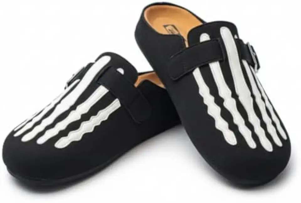 Gothic Faux Suede Slip On Mules for Men Casual Indoor Outdoor Streetwear Clogs with Funny Skeleton Bone Graphic and Adjustable Buckle Strap