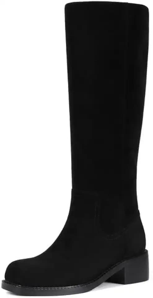 ZJA Knee High Boots Women,Square Toe Chunky Block Low Heel Tall