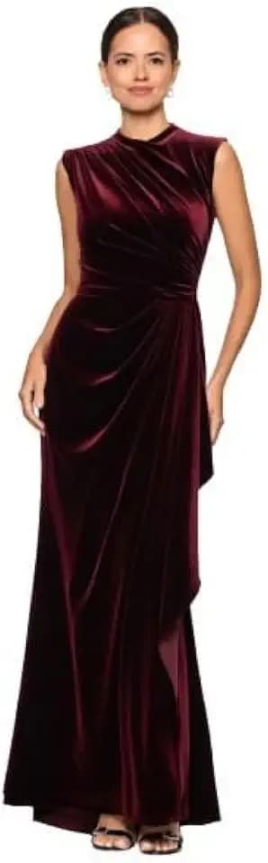 Betsy & Adam Women's Velvet High Neck Sleeveless Draped Ruched Floor Length Dress (Petite)