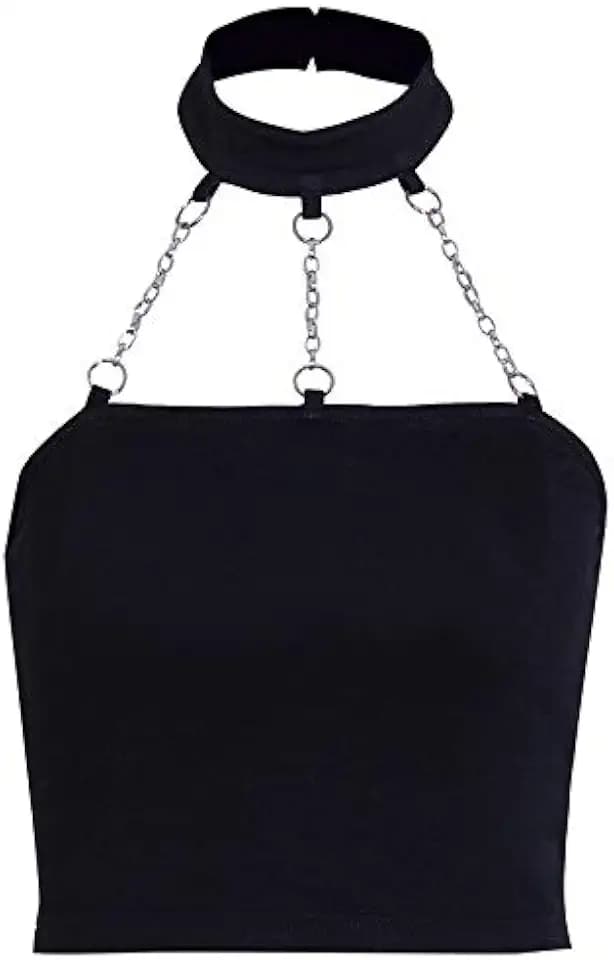 Dark Punk Crop Top with Chains Women Punk Solid Backless Sleeveless Tops