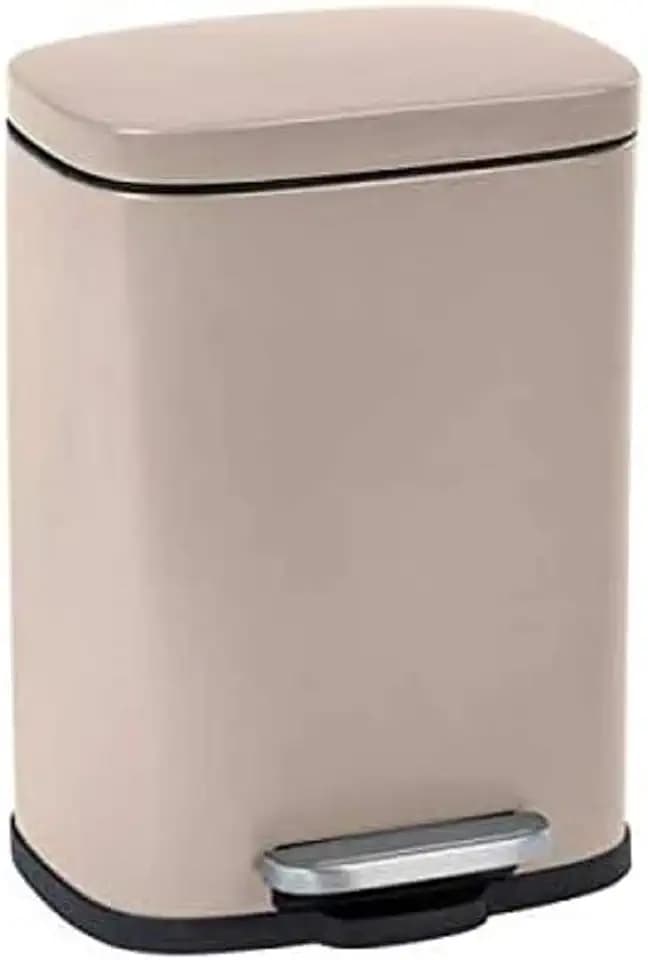WENKO Kosmetikeimer Leno Easy Close, 5 Liter, puristischer Treteimer mit Deckel und Absenkautomatik sowie integriertem Beutelhalter, Kleiner Eimer aus lackiertem Stahl, 21,5 x 19 x 29,5 cm, Taupe