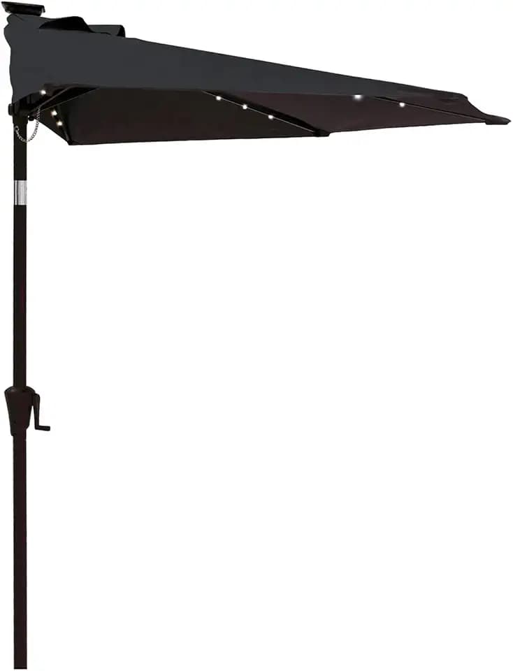 9 ft Small Half Round Solar Powered Wall Outdoor Market Patio Umbrella with LED Lights and Tilt for Garden, Deck, Balcony