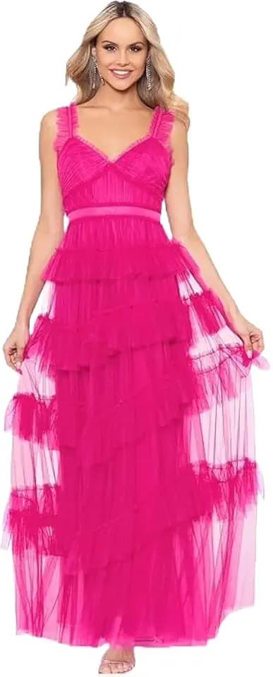 Betsy & Adam Women's Long Ruffle Tier Mesh Evening Dress, 4, Hot Pink