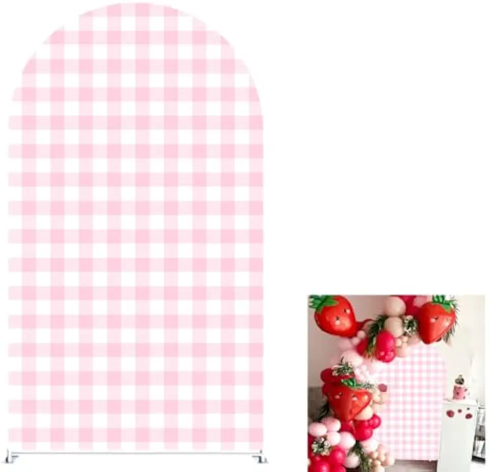 Pink Strawberry Stretchy Arch Cover Backdrop Photo Booth Background Birthday Baby Shower Baptism Party Decoration Curved Top Frame Spandex (GX-2668,6.5x3.3ft)