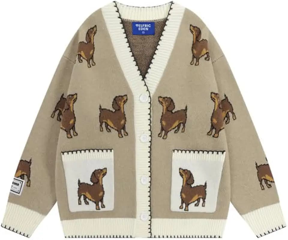 Aelfric Eden Damen Strickjacke Herren Dackel Graphic Cardigan V-Ausschnitt Knopfleiste Open Front Sweater