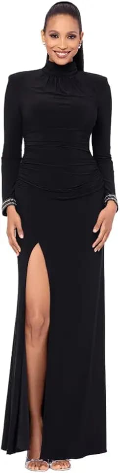 Betsy & Adam Women's Women's High-Neck Gown with Long Sleeves, Ruched Waist, and Side Slit Detail