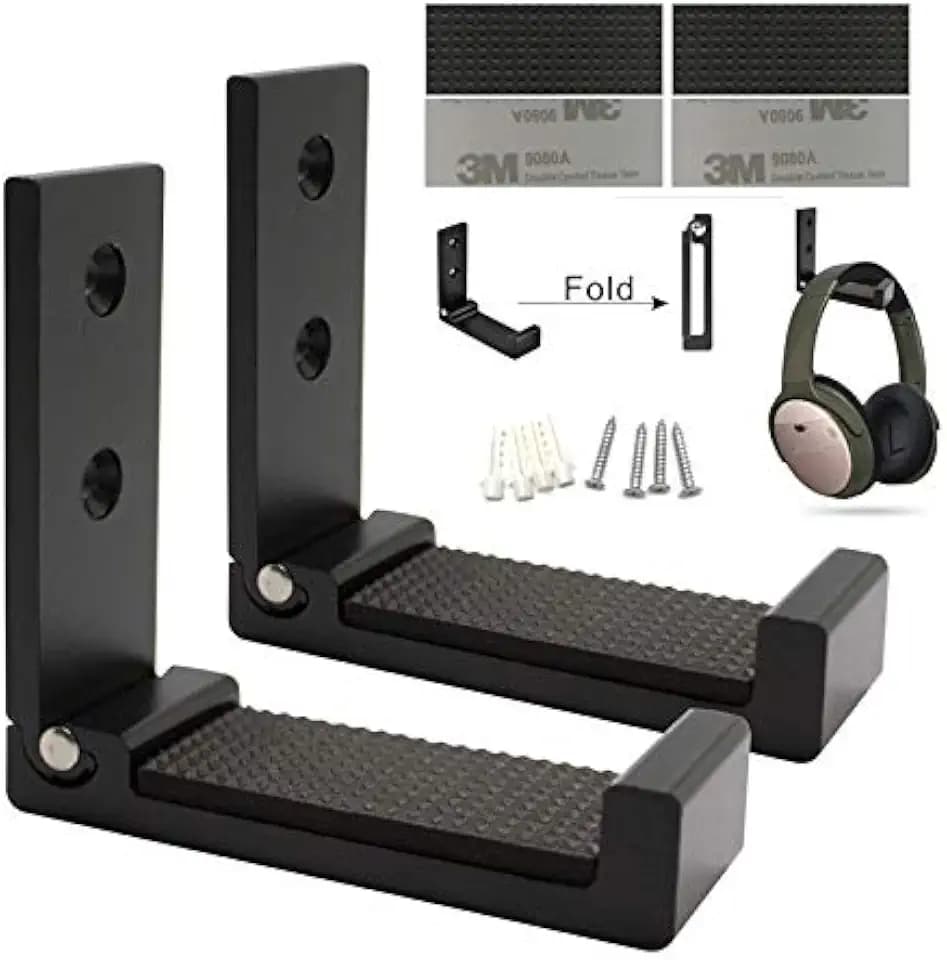 Faltbare Wandhalterung für Kopfhörer, Headset-Wandhalterung, Aluminium-Wandhalterung, hält bis zu 1 kg mit 3/.M-Klebeband, 20 kg mit Schrauben, mit weichem Schutzpolster (schwarz)