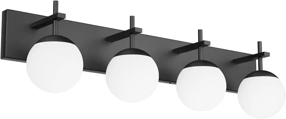 Ralbay Mid Century Modern Vanity Lights 4-Light Mid Century Modern Bathroom Light Fixtures Over Mirror, Milky Glass Globe Matte Black Bathroom Wall Light Fixture (Exclude Bulb)