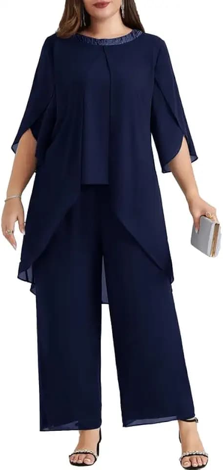 Hanna Nikole Damen GroßE GrößEn Abendanzug Chiffon Hosenanzug Elegant Zweiteiler Festliches Outfit Hochzeitsgast Festmode Cocktail Abendmode Pailletten Rundhals-Tops Und Hoch Taillierter Party Outfit