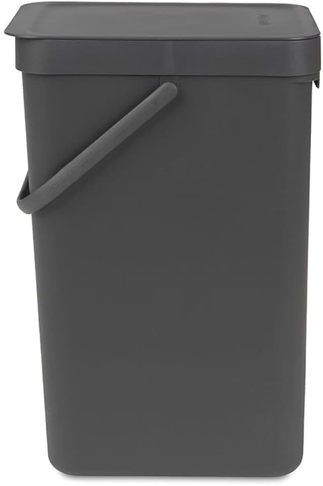 Brabantia Sort & Go Abfalleimer mit Deckel 16 L (grau), platzsparender Pfandsammler mit Griff, abnehmbarer, feststellbarer Deckel, leicht zu reinigender großer Mülleimer ohne Ecken und Ränder