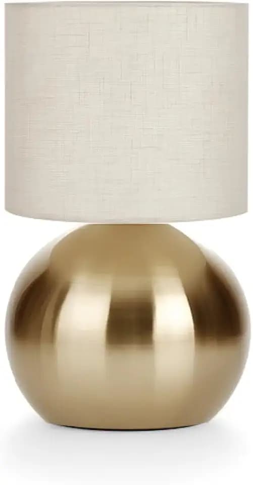 Modern Golden Small Table Lamp with Cotton Linen Shade, 6.2×6.2×10.4 inch LED Desk Light, One-Button Switch for Bedroom, Living Room, Nightstand, Includes Warm Light Bulb