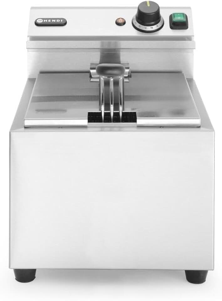 HENDI Fritteuse Mastercook, Tischfriteuse, Sicherhetsthermostat, Frittierkorb mit extra langen Griff, Kaltzone für längere Öl Lebensdauer, 8L, 230V, 3500W, 300x455x(H)345mm, Edelstahl 18/0