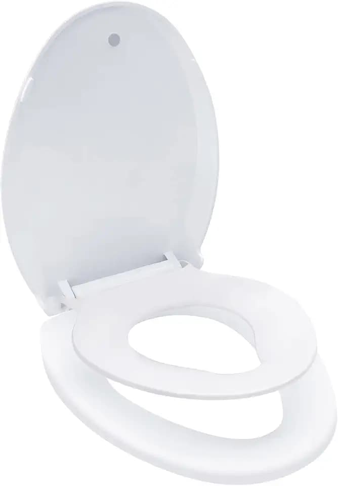 Langer Toilettensitz mit Kleinkindsitz eingebauter Absenkautomatik, langsam schließender Familien-Toilettensitz mit Töpfchentrainingssitz, Weiß