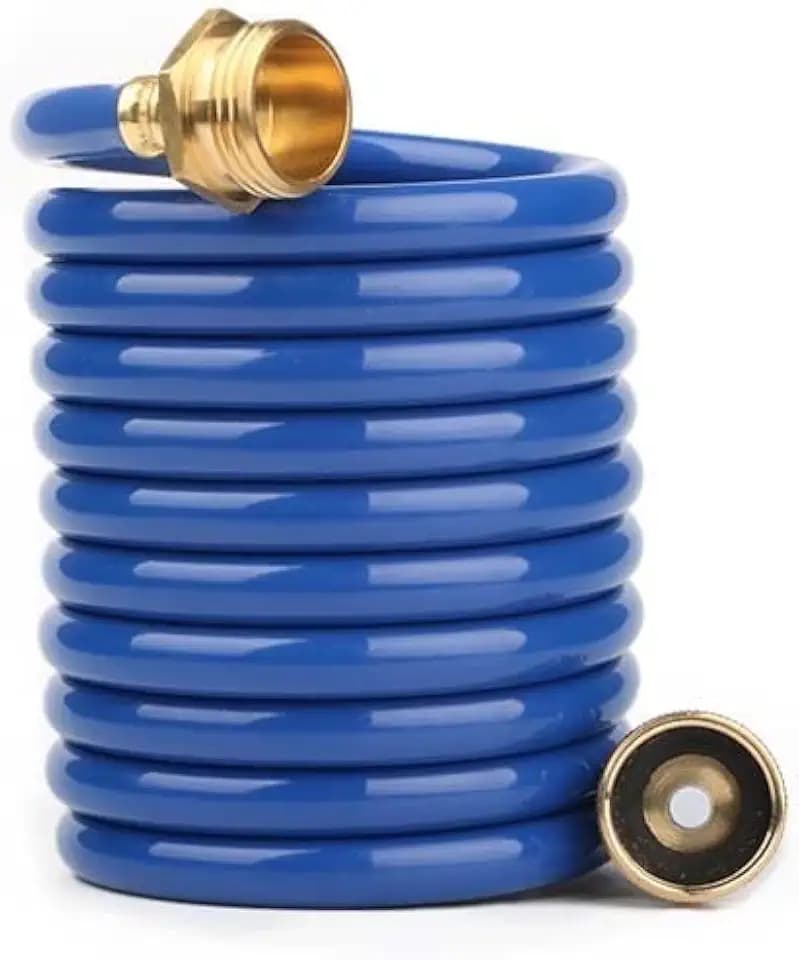 10FT EVA Coiled Water Hose, 1/2 in Blue Hose, Brass Connectors