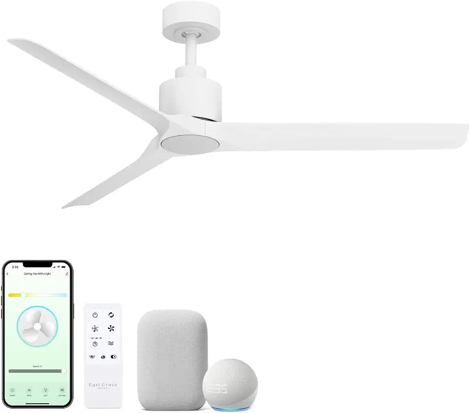 Delta Indoor or Outdoor 52in 3-Blade Smart Ceiling Fan or Flush Mount Fan 2700K-6000K CCT Tunable Range LED Light Kit with White Hardware in White Blades Works With iOS or Android App