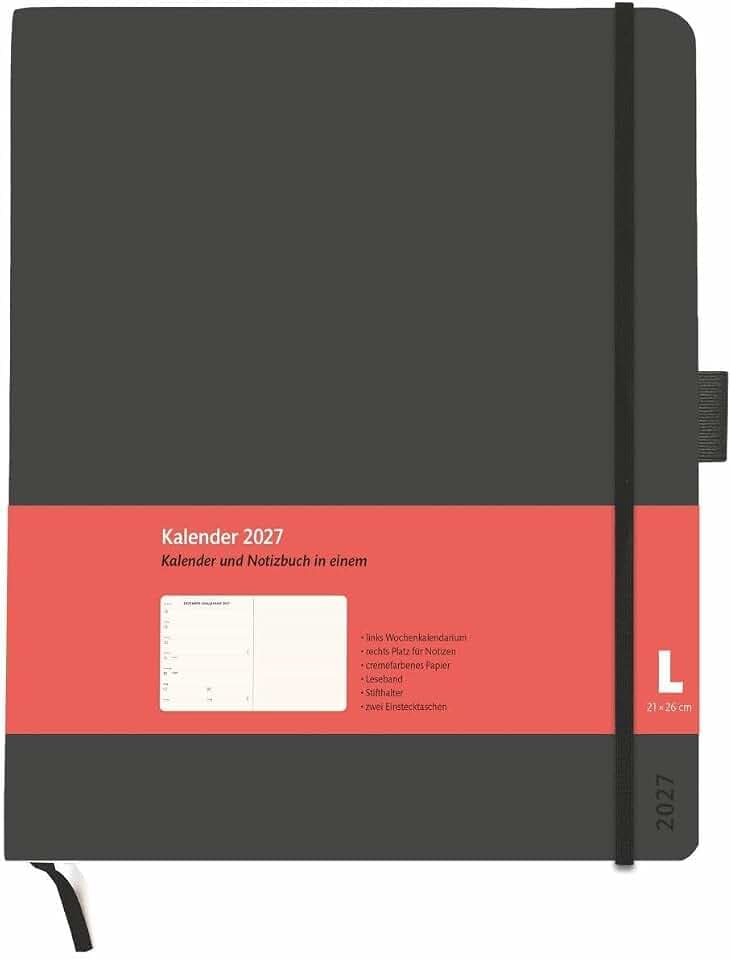 Kombitimer schwarz groß 2027: Schwarzer Terminkalender 2027. Buch-Kalender mit Lesebändchen und Gummiband. Großer Taschenkalender zum Planen von Terminen.