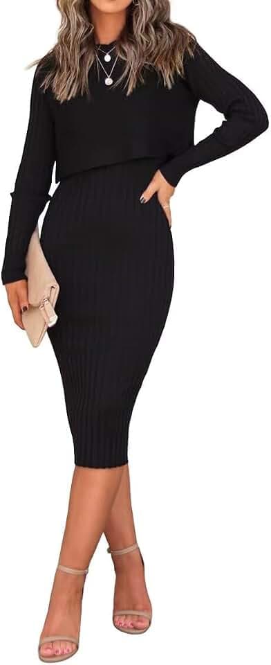 LACOZY Figurbetontes Midi-Kleid für Damen, Tank-Outfits, bauchfreies Top, 2-teilig, Strick, langärmelig, Pulloverkleid, Blumenmuster, ärmellos