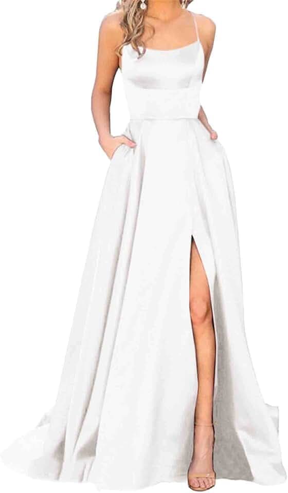 xxxiticat Damen Elegant Lange Ballkleider mit Taschen Satin A-Linie Backless Hochzeitskleid Abendkleider Sexy Neckholder Spaghetti Brautkleid Kleider Lang Prinzessin Brautjungfer Kleid